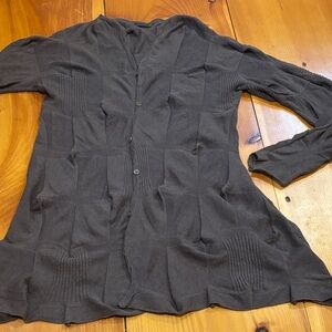 OSKA 3 Brown Wool Cardigan Lagenlook Layer Patchwork Ribbing Buttons Long